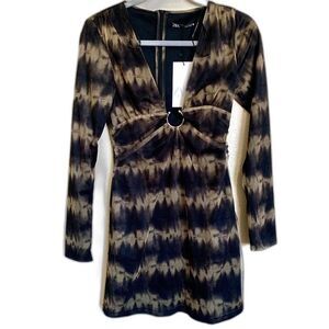 ZARA black olive dress plunge neckline metal hook on front dress size S academia